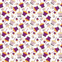 Cupcake seamless pattern. Hand drawn cute doodle cupcakes isolated on white background. Design for party, birthday, greeting cards, gift wrap, stationery,gifts,wrapping paper,printed materials.