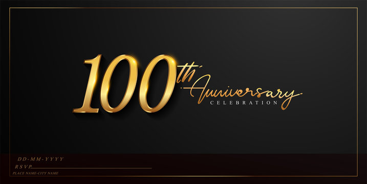 100th anniversary celebration logotype with handwriting golden color elegant design isolated on black background. vector anniversary for celebration, invitation card, and greeting card