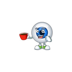 An image cartoon character of human eye ball with a cup of coffee