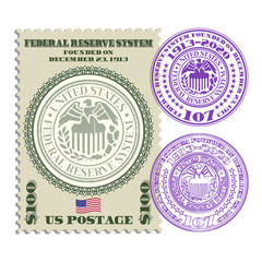 Postage stamp with two purple seals. Federal Reserve System founded on December 23, 1913