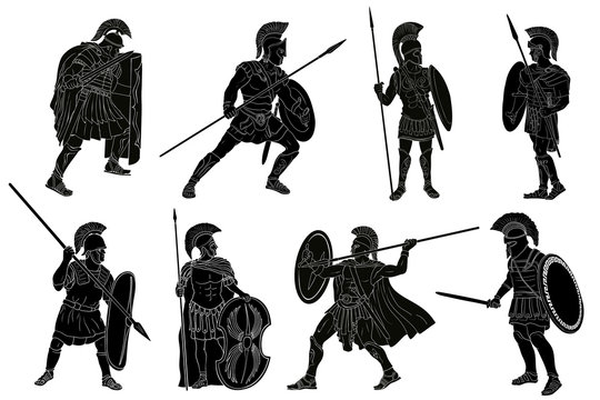 Ancient Roman Warrior With A Spear And Shield In His Hands Is Standing And Looking Away. Set Of Vector Illustration Isolated On White Background.