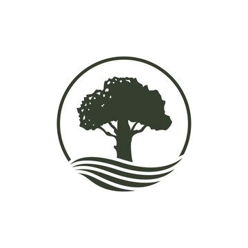 Tree river logo design. Nature environment, oak silhouette, tree of life, green earth. Emblem seal stamp style