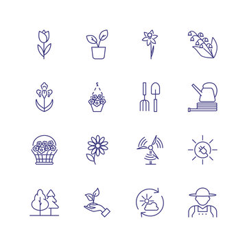 Gardening icons. Set of line icons on white background. Flowers, gardening tools, agricultural worker. Floriculture concept. Can be used for topics like plants, botany, agriculture