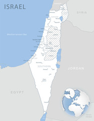 Blue-gray detailed map of Israel and administrative divisions and location on the globe.