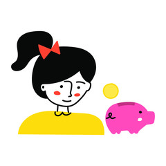 Illustration about financial literacy for kids. Girl throw coin to the piggy bank. 
