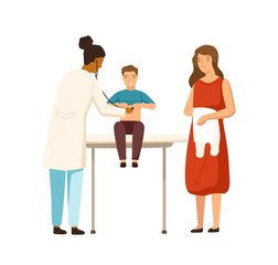 Cartoon mother and child boy visit therapist at clinic vector flat illustration. Female black skin doctor examination kid use stethoscope isolated on white. Family at consultation of pediatrician