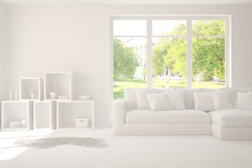 White living room with sofa and summer landscape in window. Scandinavian interior design. 3D illustration