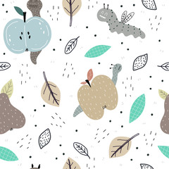 Seamless pattern with apples, worms, pear, caterpillar. colorful vector for kids. hand drawing, flat style. baby design for fabric, print, textile, wrapper