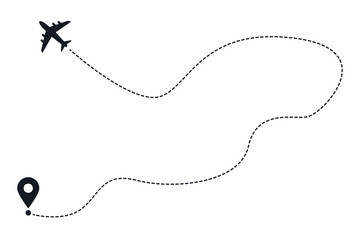 Airplane travel Flight start point concept or theme with map pins. GPS Aircrafts and map pointer symbols vector illustration.