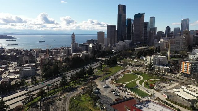 Aerial / drone footage of Chinatown, Yesler Park with development and construction on hold, empty streets in Yesler Terrace and downtown Seattle, Washington during the COVID-19 pandemic