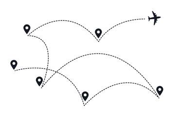 Airplane travel Flight start point concept or theme with map pins. GPS Aircrafts and map pointer symbols vector illustration.