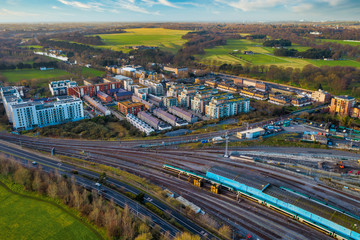 High angle aerial view over Dublin. Irish city drone photography.View over Heuston train station...