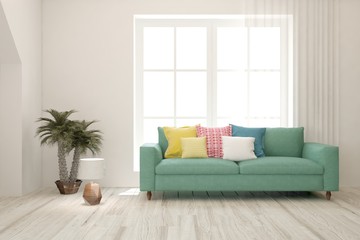 White living room with sofa. Scandinavian interior design. 3D illustration