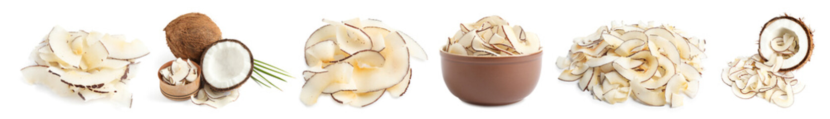 Set of tasty coconut chips and nuts isolated on white. Banner design