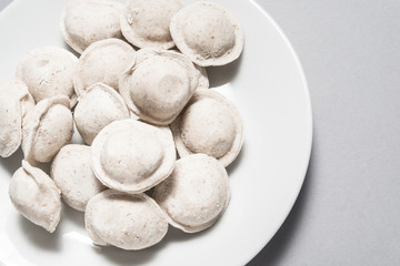 Fototapeta na wymiar Frozen dumplings with turkey meat in porcelain plate