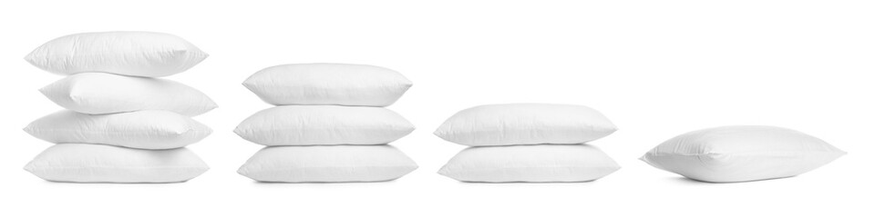 Fototapeta na wymiar Collage of different soft pillows on white background. Banner design