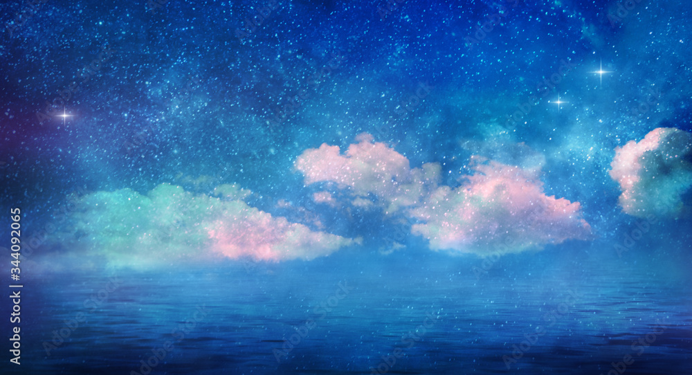 Wall mural magic night lanscape with starry sky over sea