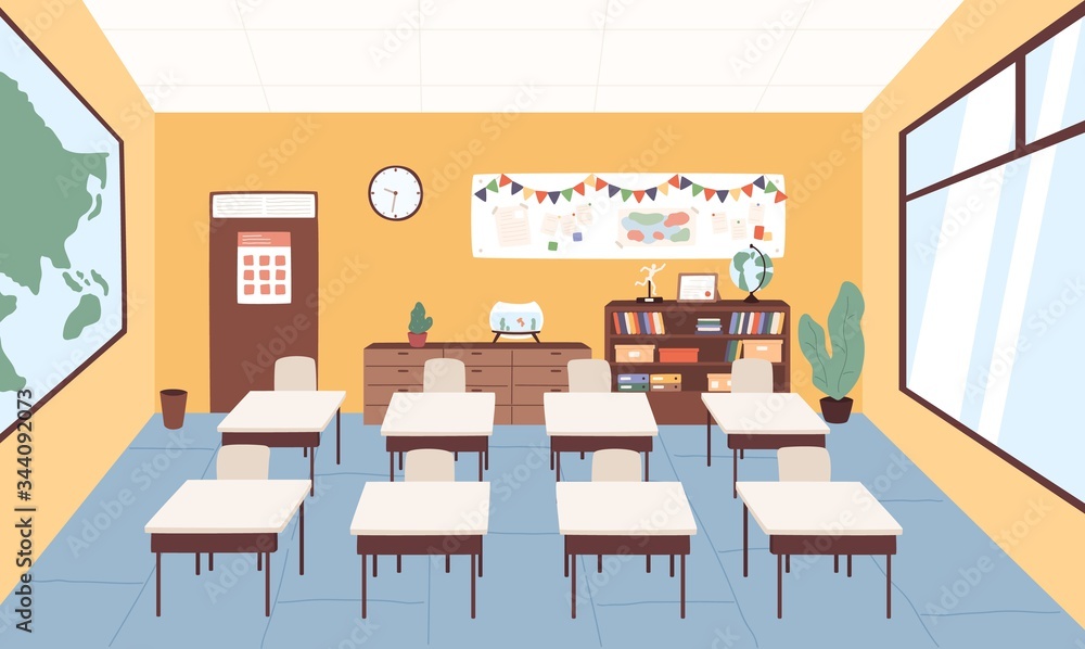 Poster empty classroom at primary school vector graphic illustration. interior of cartoon elementary studyi