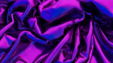 Iridescent chrome wavy cloth fabric abstract background, ultraviolet holographic foil texture, liquid petrol surface, ripples, metallic reflection. 3d render illustration.