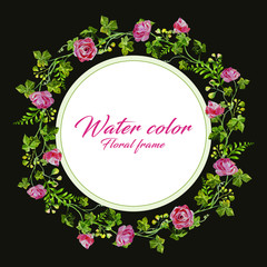 Water color pink rose botanical style in circle design on dark background illustration vector