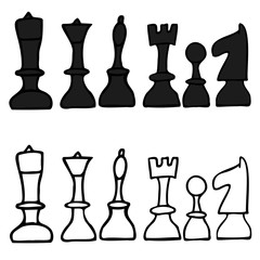 Doodle black and white chess set, king, queen, rook, elephant, knight and pawn. World chess day. Isolated sketch of cuts on a white background close-up. Graphic tablet. Vector illustration eps10