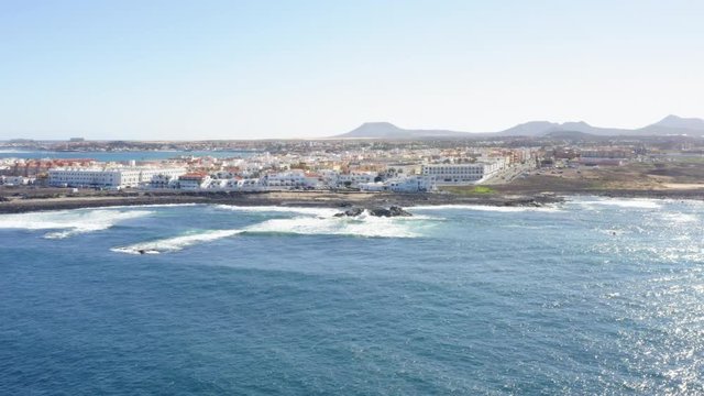 Corralejo Fuerteventura on Balearic Islands Oceanside Coast shot with Aerial Drone