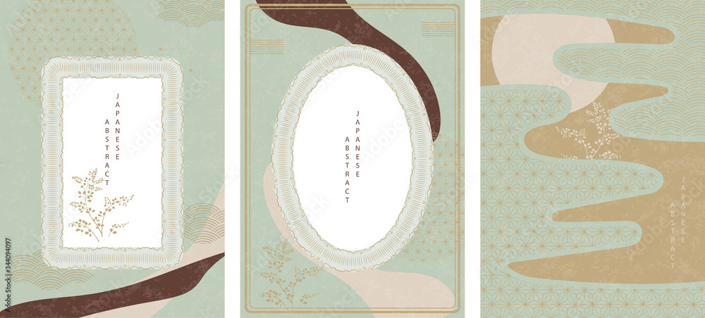 Wall mural oriental japanese style abstract pattern background design geometry wave move retro frame and plant 