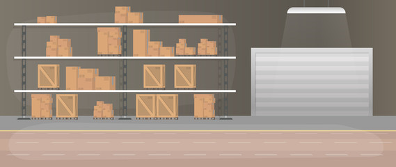 Large warehouse with drawers. Rack with drawers and boxes. Carton boxes. Vector.