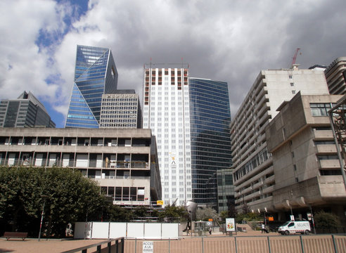 Puteaux, France - August 10, 2013: View of the La Défense business district, which is the headquarters of the largest French companies. Set of buildings.