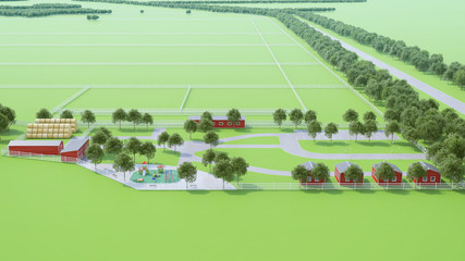 Farm with red wooden buildings, parking for cars, children's playground. Agriculture. 3D rendering.