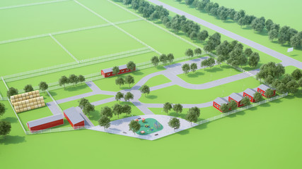 Farm with red wooden buildings, parking for cars, children's playground. Agriculture. 3D rendering.