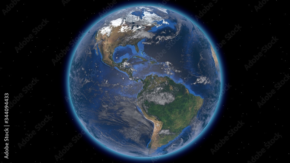 Wall mural beautiful planet earth in space against the background of stars. america. 3d rendering. elements of 