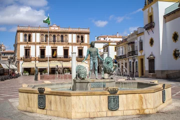Fotobehang Ronda Puente Nuevo Statue of Hercules with two lions, Plaza del Socorro, Ronda, Spain