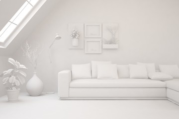 White minimalist living room with sofa. Scandinavian interior design. 3D illustration