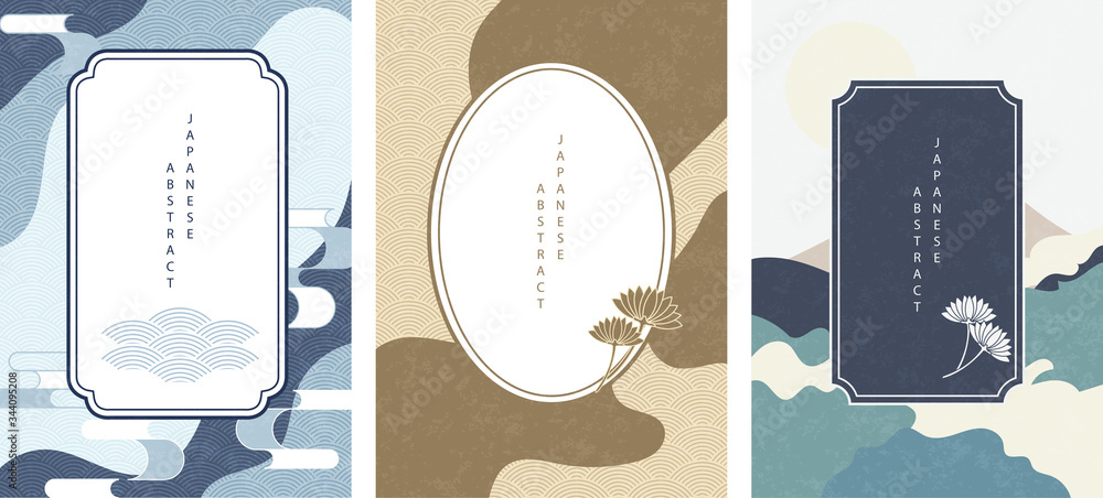 Wall mural oriental japanese style abstract pattern background design geometry wave move retro frame and plant 