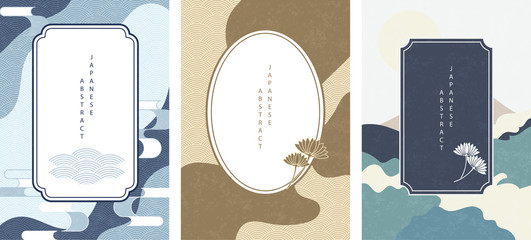 Oriental Japanese style abstract pattern background design geometry wave move retro frame and plant flower icon