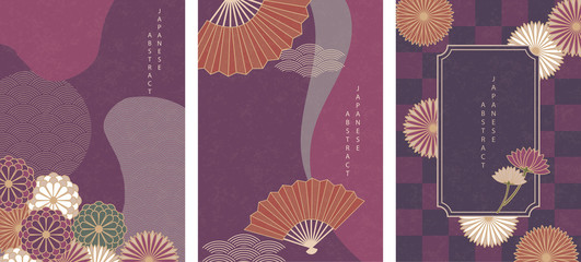 Oriental Japanese style abstract pattern background design purple flower folding fan decoration and frame