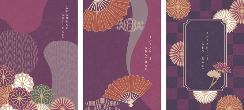 Oriental Japanese Style Abstract Pattern Background Design Purple Flower Folding Fan Decoration And Frame