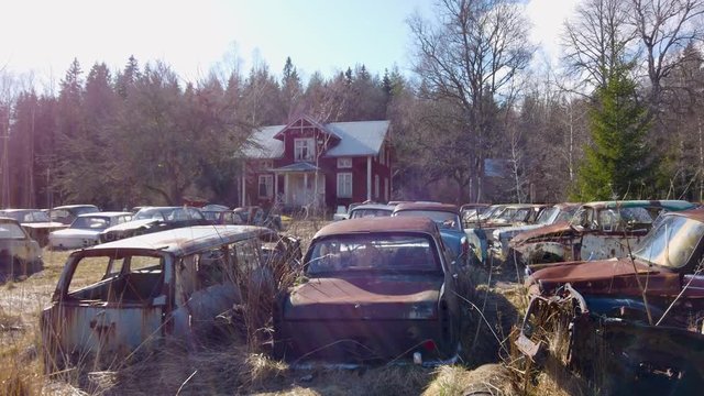 Panorama of vehicle graveyard showing old rusty, dumped and abandoned ruins of cars in the forest. Panning right.
