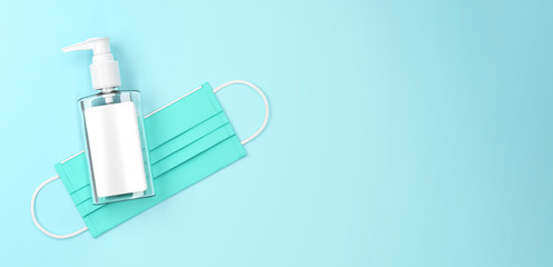 Hand sanitizer gel in a plastic mini pump bottle and surgery mask. Protection against Coronavirus .Green version.