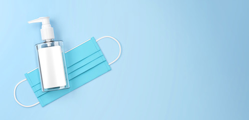 Hand sanitizer gel in a plastic mini pump bottle and surgery mask. Protection against Coronavirus .Blue version.