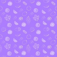 Seamless pattern of fruit figs, grapefruit, grapes, kiwi, mango and slices, vector illustration, hand drawing, purple and white color