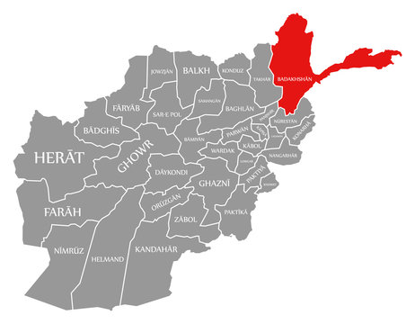 Badakhshan red highlighted in map of Afghanistan