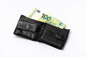 black leather men's wallet and 100 euros on a white background