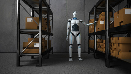 Humanoider Roboter arbeitet in einen Lagerhalle, Spedition 4.0