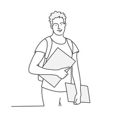 Student man with  folder and backpack. Contour drawing vector illustration.