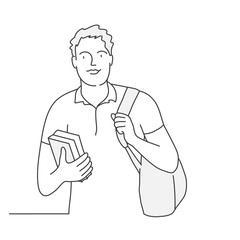 Man with  books and backpack. Contour drawing vector illustration.