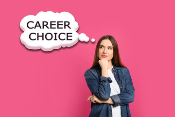 Woman thinking about career choice on pink background