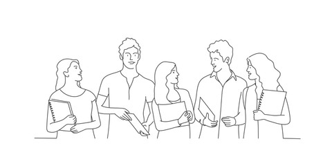 People with books. Meeting.Contour drawing vector illustration. Line art.