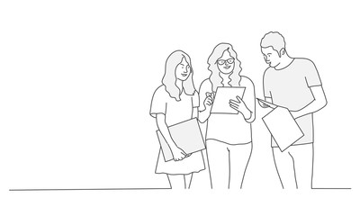 Three students with books. Meeting. Contour drawing vector illustration. Line art. 